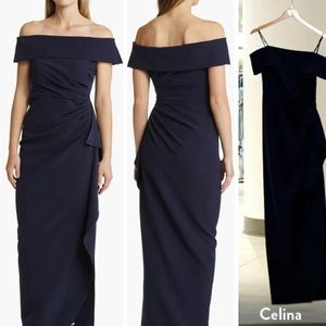 Vince Camuto Navy ruffle off the shoulder column dress